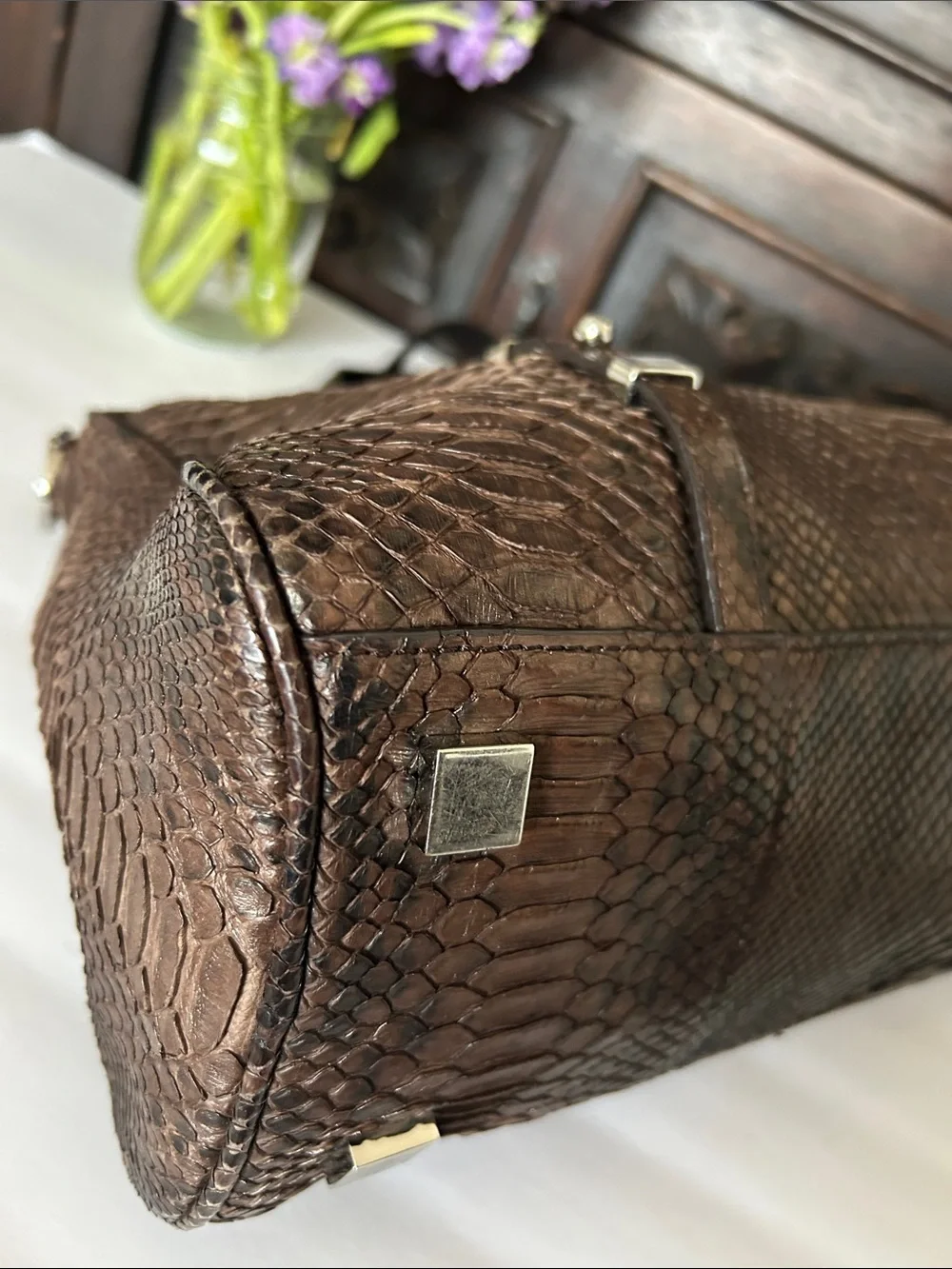 Michael Kors Brown Textured Leather Satchel with Silver-Tone Hardware